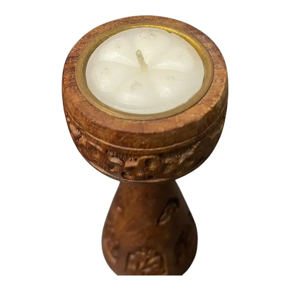 Hand-Carved Wooden Tea Light Candle Holder Floral Design Signed Made in India - Picture 7 of 9